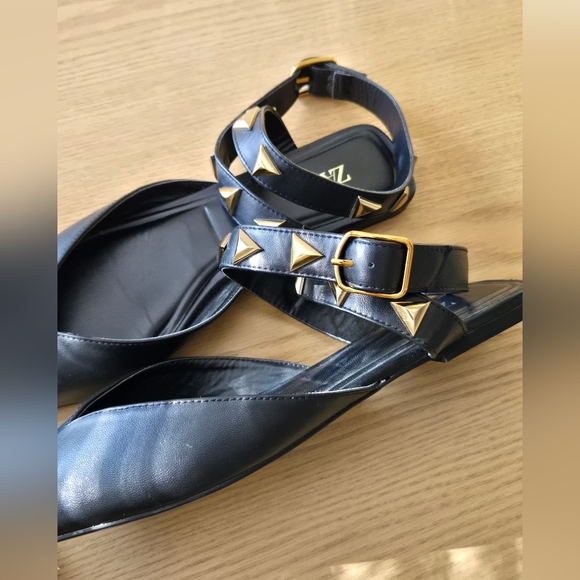 Zara Leather Studded Wrap Flats - Picture 2 of 7